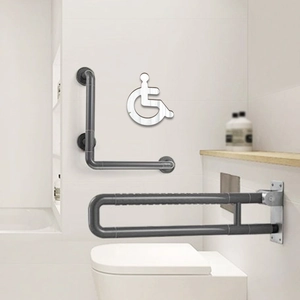 Detail of grey non-slip bathroom safety grab bars for seniors in modern white restroom