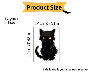 Detail showing dimensions of the black cat Halloween wall sticker 14cm x 19cm