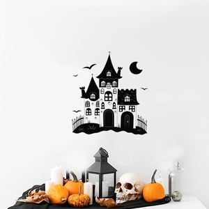 Halloween black castle window wall sticker with bats and moon for party decor