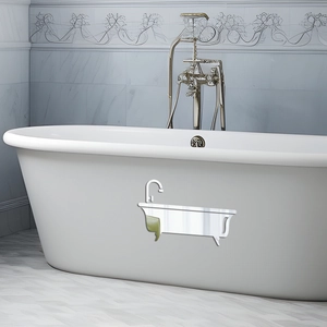 Detail of bathtub-shaped acrylic mirror wall sticker on a white bath surface
