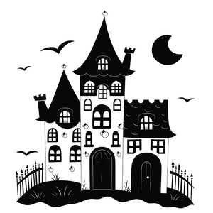 Halloween black castle window sticker with bats and moon silhouette for party wall decoration