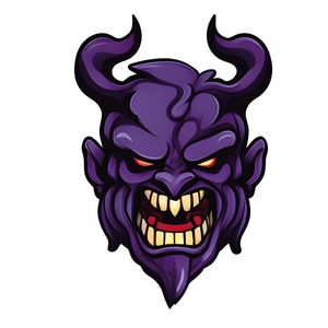 Scary purple devil wall sticker with curved horns and sharp teeth for Halloween decor