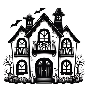 Halloween haunted castle wall decal with pumpkins and bats in black and white woodcut style
