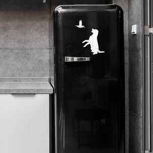 3D silver mirror acrylic dog and bird wall stickers on a modern kitchen refrigerator