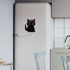 Cute black cat wall sticker with big yellow eyes for Halloween home decoration on white fridge
