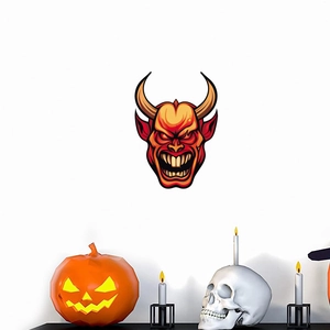 Scary red devil Halloween wall sticker with sharp yellow teeth for home party decoration