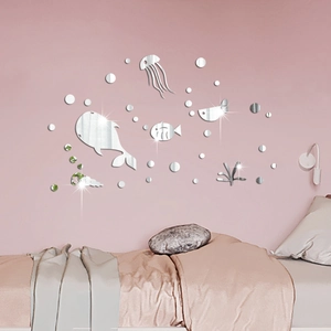 3D acrylic mirror wall stickers with marine life theme shown on bedroom wall