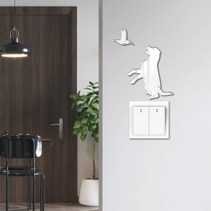 Modern 3D silver acrylic mirror wall stickers featuring a jumping dog and bird detail