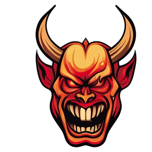 Halloween devil demon head sticker decal with red horns and fangs for spooky wall decor