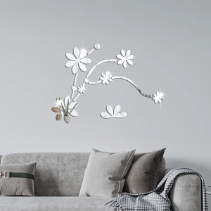 Détail du sticker mural fleurs en acrylique miroir 3D avec motifs de vignes argentées