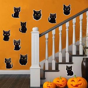 Halloween muurstickers set met zwarte katten en gele ogen op oranje achtergrond decor