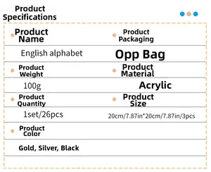 Detailed chart showing mirror acrylic letter wall stickers dimensions and specifications