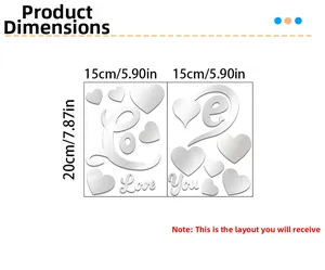 Size guide showing mirror acrylic love wall decals with 15x20cm layout dimensions
