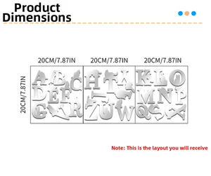 Detailed size chart for 20cm mirrored acrylic alphabet cat wall decals set