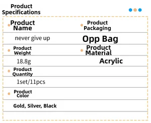 Detail specifications of acrylic Never Give Up wall stickers in gold silver and black colors