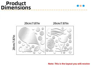 Size chart showing two 20x20cm layouts of ocean fish mirror acrylic wall stickers