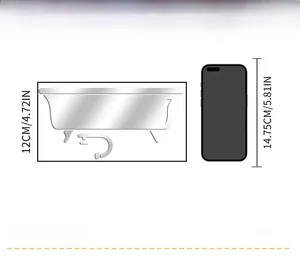 Size comparison of silver acrylic bathtub wall sticker next to a mobile phone