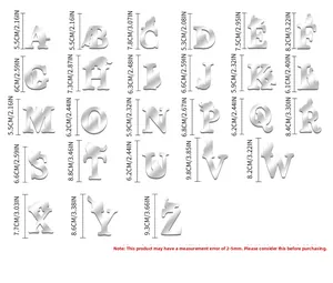 Size chart showing dimensions for silver mirror acrylic alphabet animal wall stickers