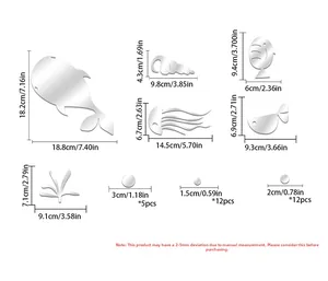 Detailed size specifications for ocean-themed acrylic mirror wall sticker set