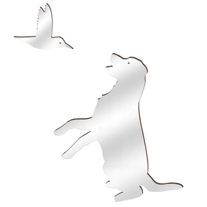 Mirror-finish dog and bird 3D wall stickers with brown edges on white background