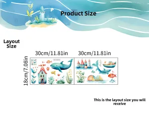 Detailed size chart showing 30x18cm layout for luminous sea fish wall stickers