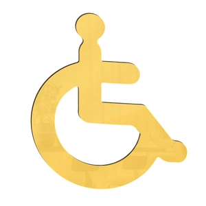 Detail of 3D gold acrylic mirror restroom signage for wheelchair accessibility