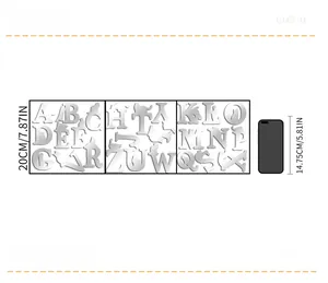 Mirror acrylic alphabet wall sticker set showing 20cm height compared to a mobile phone