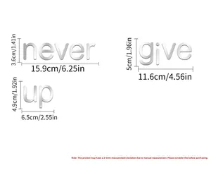 Detailed dimensions of 3D mirror Never Give Up wall decal showing exact size measurements
