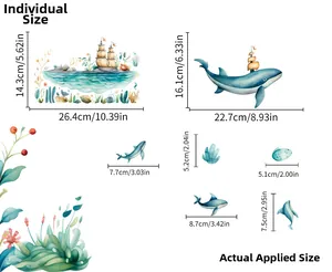 Detailed size specifications for watercolor marine life and sailboat glow wall stickers