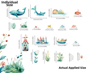 Detailed size chart for ocean fish luminous wall stickers with specific dimensions in cm and inches