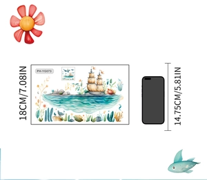 Detailed view of nautical wall stickers with ocean waves and ship for room decor