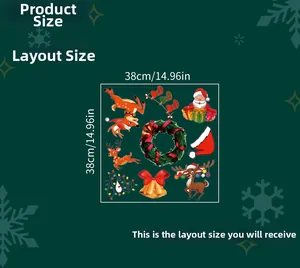 Detailed size chart showing a 38x38cm layout of Christmas wall stickers with festive motifs