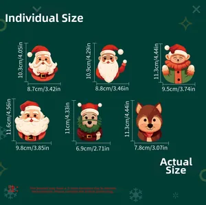 Detailed size chart for Christmas cartoon stickers featuring Santa Claus and animals