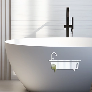 Close-up of silver acrylic bathtub mirror wall sticker with faucet detail on tub side