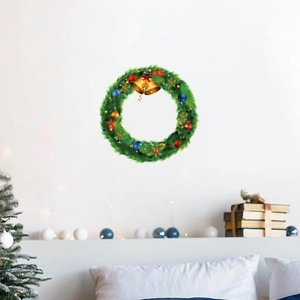 Christmas wreath wall sticker with green pine, golden bells and festive balls on home wall
