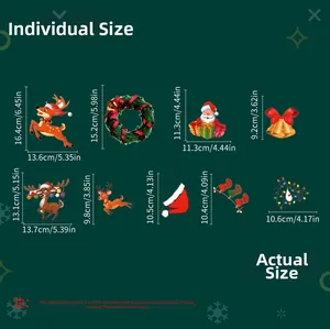 Detailed size chart for Christmas window stickers including reindeer and wreath dimensions