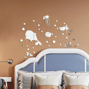 Detailed mirror acrylic ocean wall stickers set showing whale and bubbles on bedroom wall