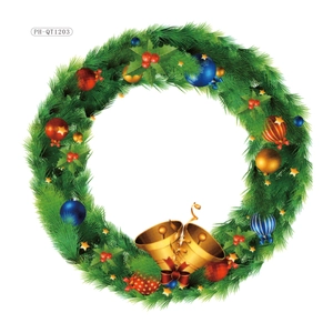 Festive Christmas wreath with pine needles, red bow, golden bells and colorful ornaments