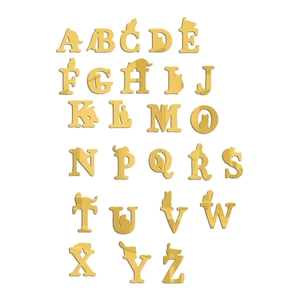Detail of 26 gold mirror acrylic alphabet letters with creative cat silhouette designs