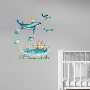 Detailed view of watercolor ocean world wall stickers with blue whales and corals