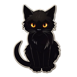 Cartoon zwarte kat Halloween sticker met grote barnsteenkleurige ogen op witte achtergrond