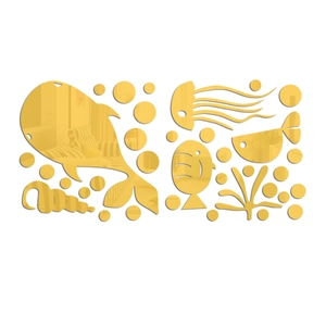 Detailed set of gold acrylic mirror wall stickers featuring whale, jellyfish and coral