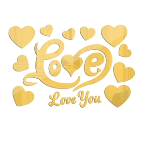 Detailed view of gold mirror acrylic Love You wall stickers and heart decals set