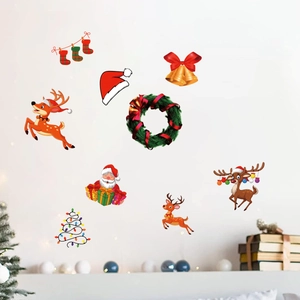 Christmas wall stickers set featuring Santa, reindeer, and wreaths for window decor