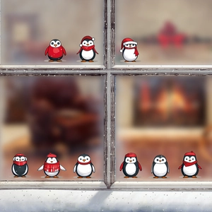 Set mit 9 süßen Pinguin-Fensterstickern für Weihnachten mit roten Schals und Hüten