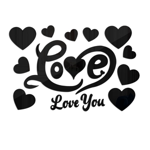 Detail view of 3D black acrylic mirror wall stickers featuring Love You and heart shapes