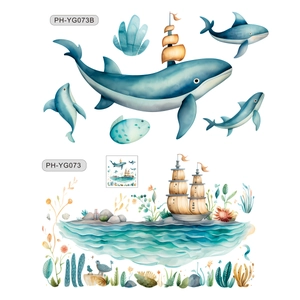 Luminous underwater world wall stickers with watercolor whales and dolphins for kids' rooms