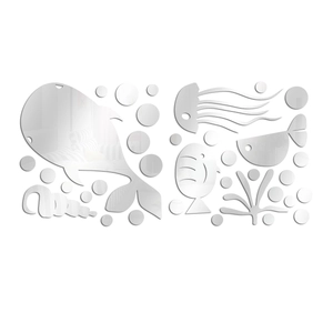 Detailed set of silver acrylic ocean fish mirror wall stickers with bubbles