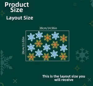 Detailed size chart for Christmas snowflake window stickers featuring blue and orange patterns