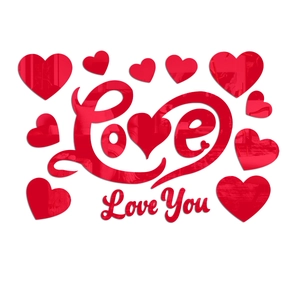 Red acrylic mirror Love wall sticker set with heart shapes for bedroom decor